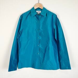 Vintage Easy Spirit 100% Silk Blouse Teal Button Front Minimalist Career Top M